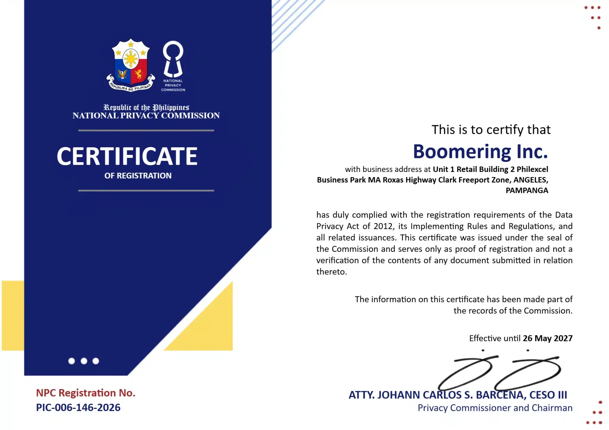 Boomering is registered with the National Privacy Commission