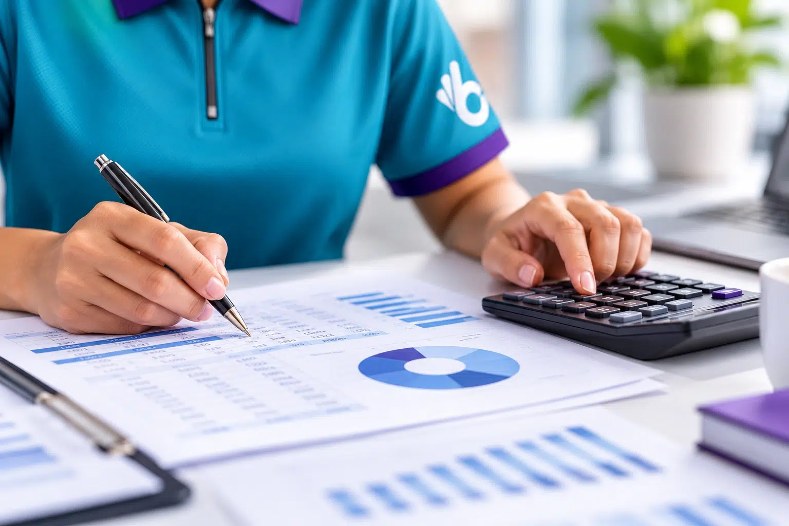 Accounting professional reviewing financial reports with a calculator, pen and business documents.
