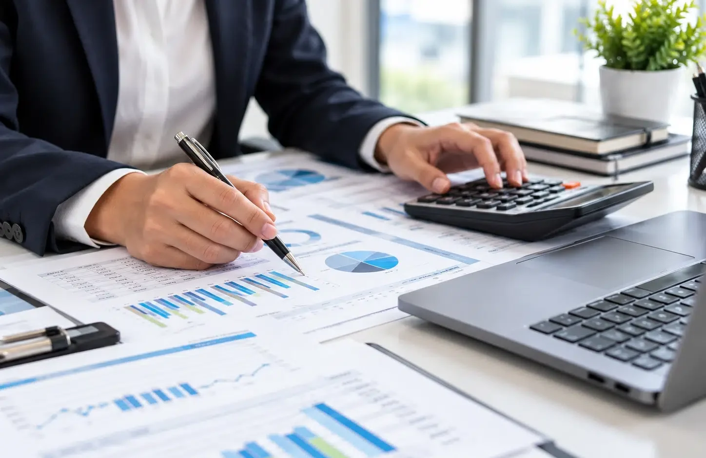 Accounting professional reviewing financial reports with a calculator and laptop at a modern office desk.