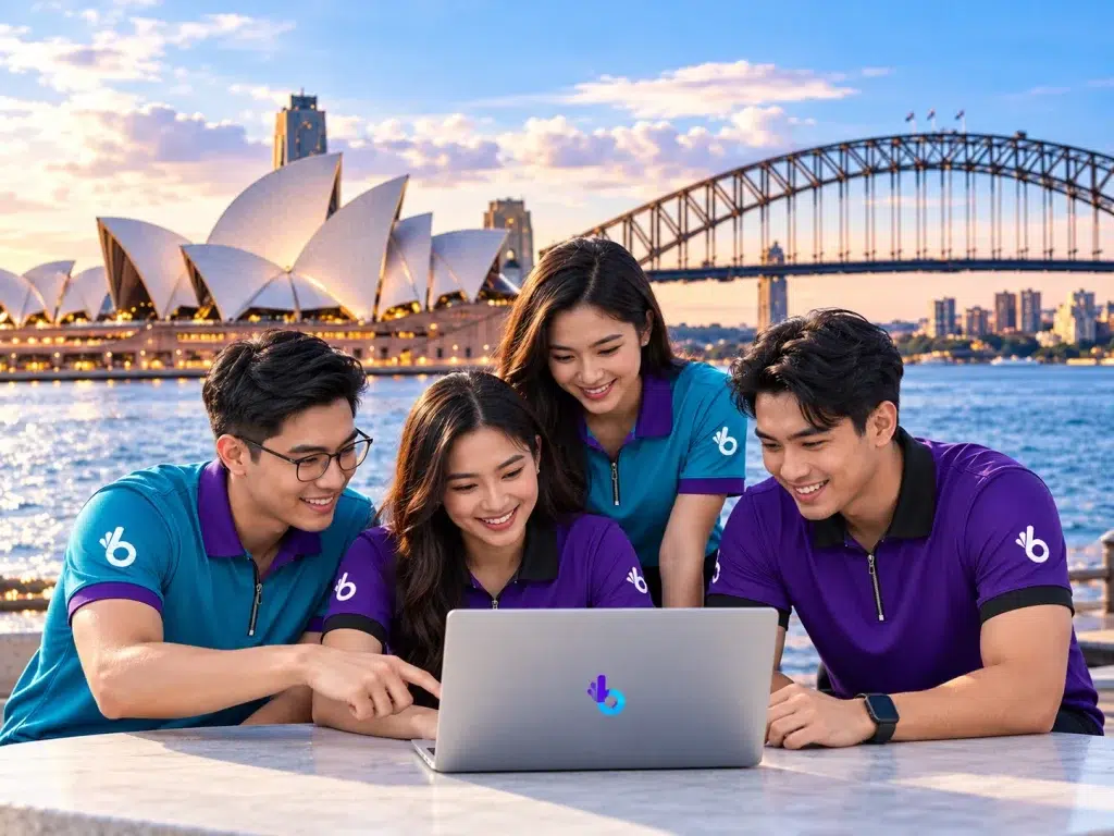 Boomering offshore team collaborating on a laptop with the Sydney Opera House and Harbour Bridge in the background.