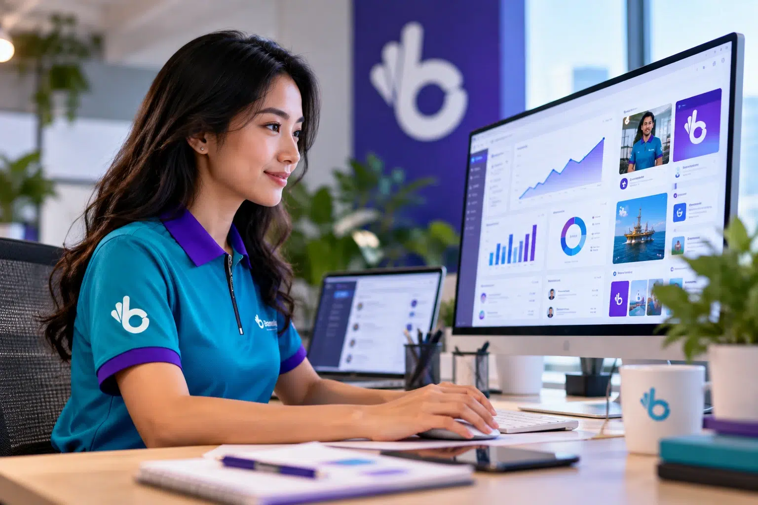 Boomering professional working with business analytics, performance charts and digital dashboards on a desktop monitor.