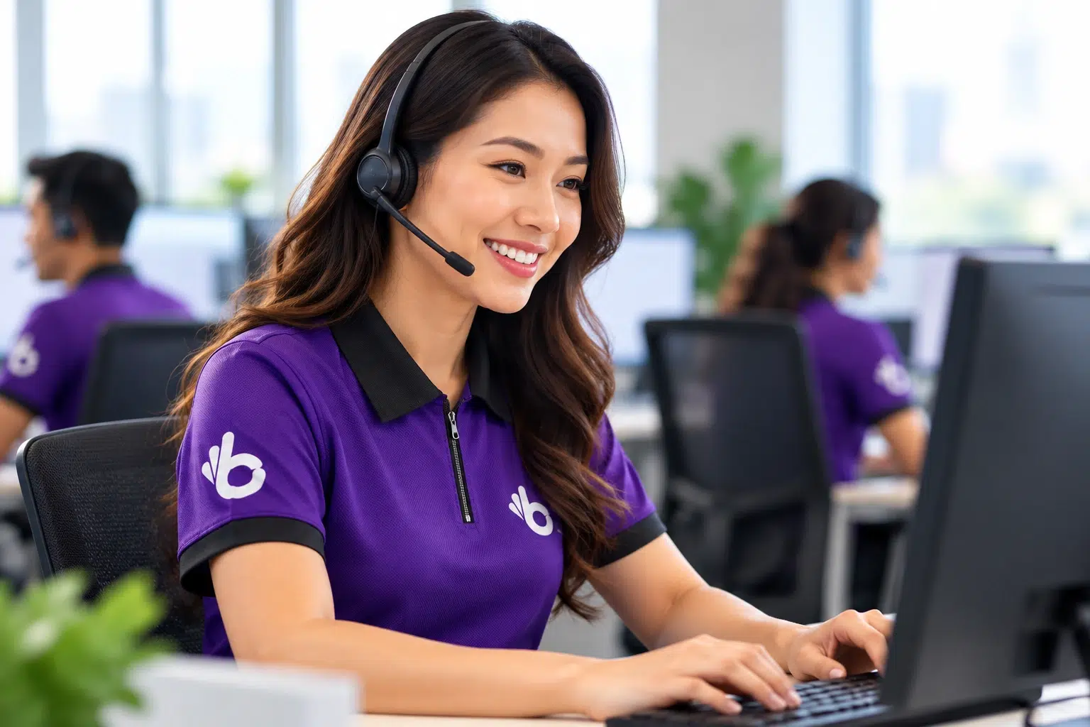 Boomering customer support specialist wearing a headset while assisting clients from a computer in a modern office.