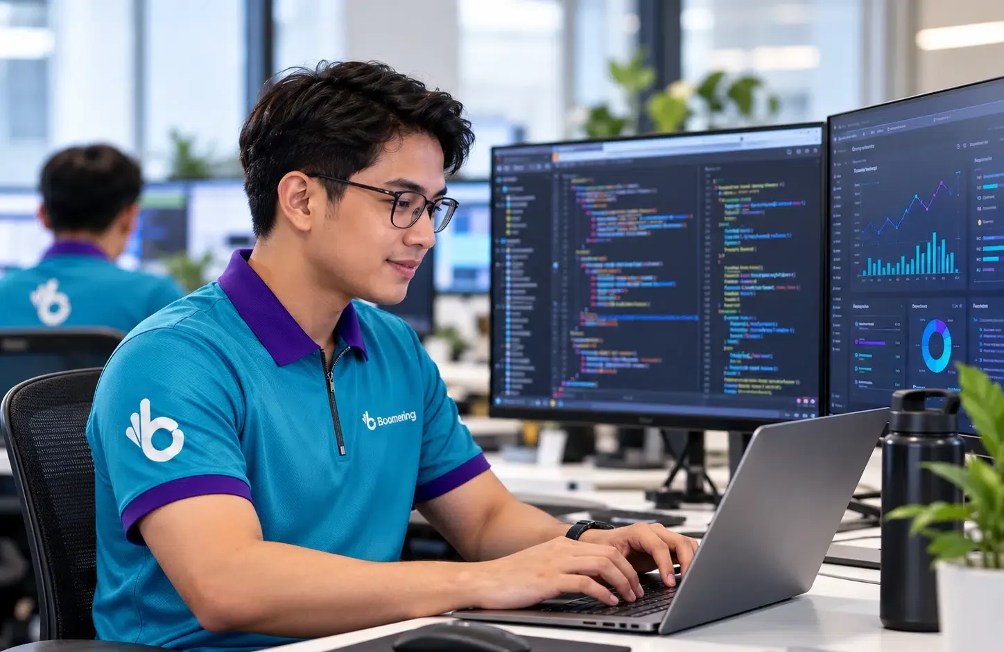 Boomering IT professional working on a laptop with software code and analytics displayed on multiple monitors.