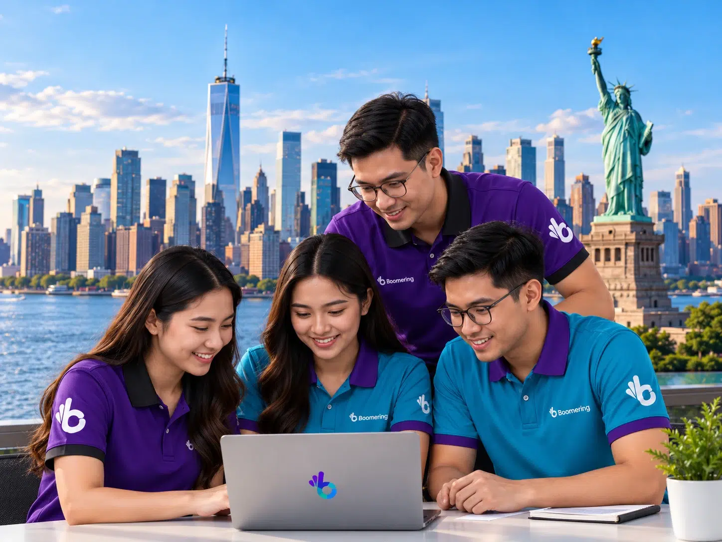 Boomering offshore team collaborating on a laptop with the New York skyline and Statue of Liberty in the background.