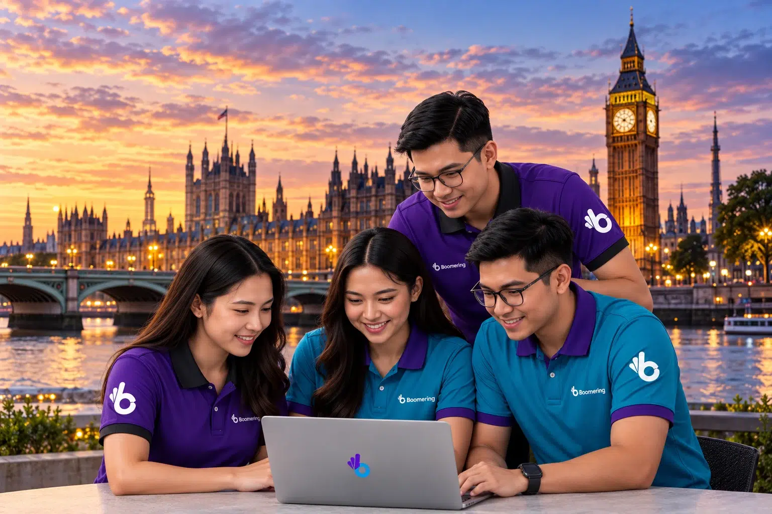 Boomering offshore team collaborating on a laptop with Big Ben and the Houses of Parliament in London at sunset.