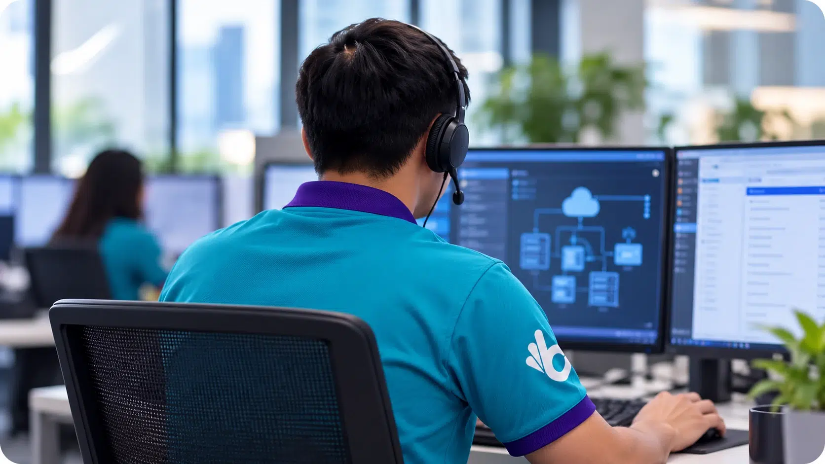 Australia 4 Boomering technical support specialist working with multiple monitors and cloud-based business systems.