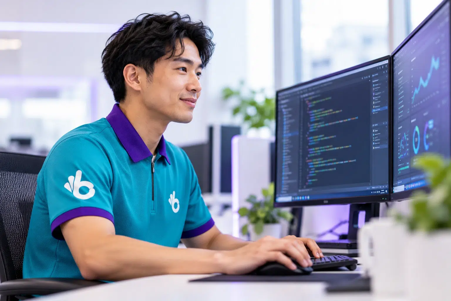 Boomering software developer working at dual monitors displaying code and performance analytics.
