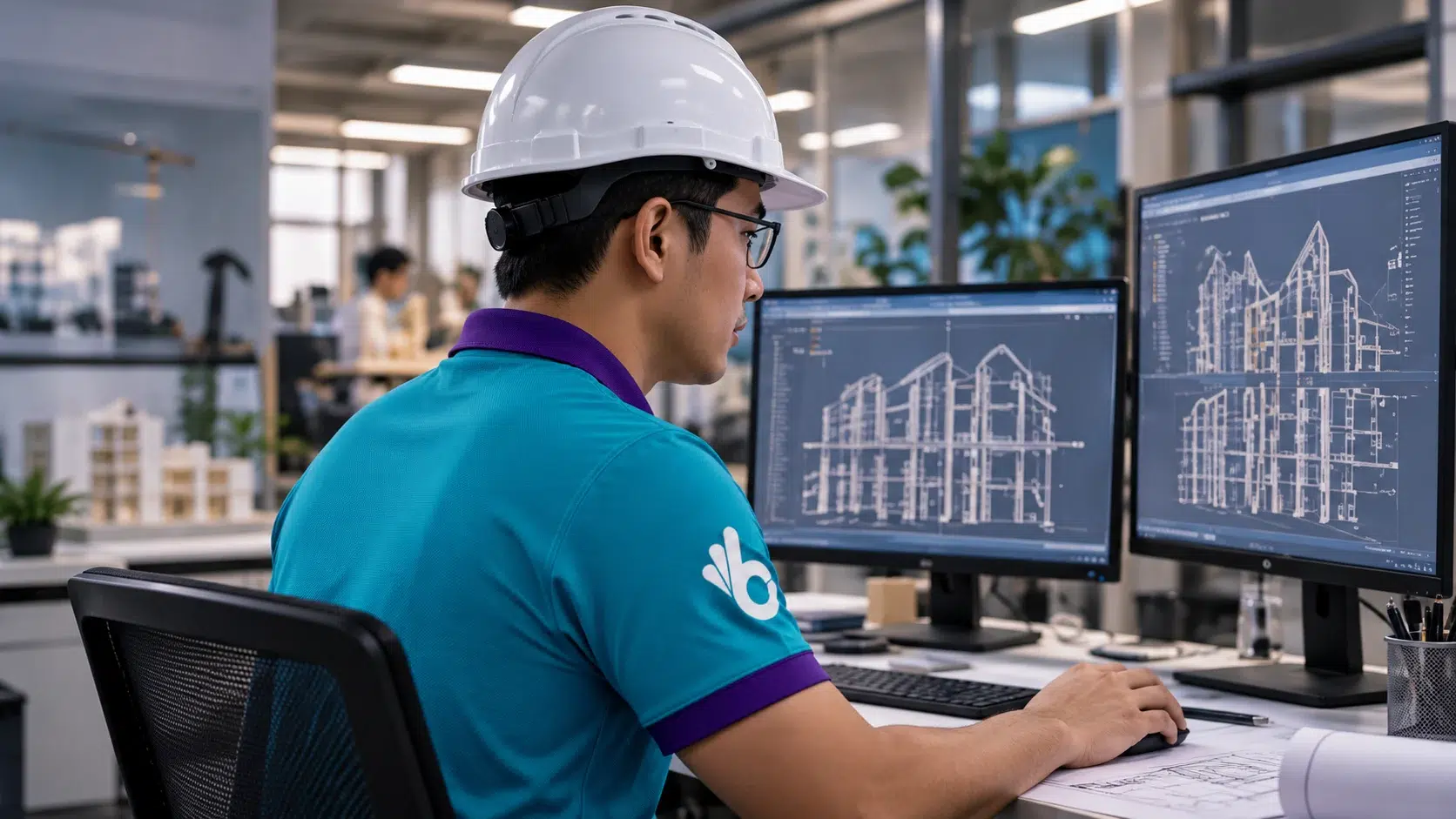 Boomering construction support professional reviewing blueprints and project plans on a laptop at a building site