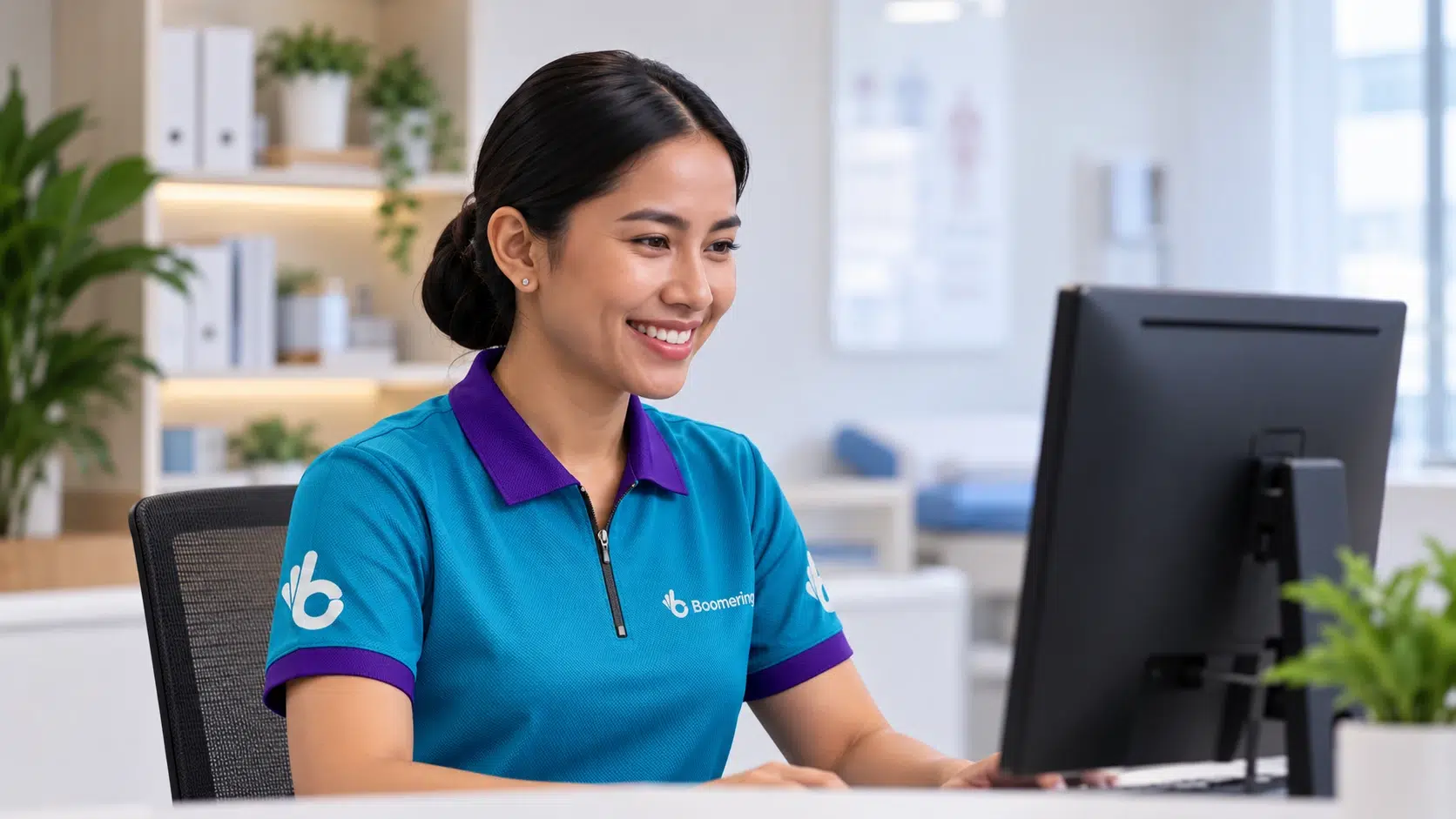 Boomering healthcare support specialist wearing a headset and working on a laptop in a medical office