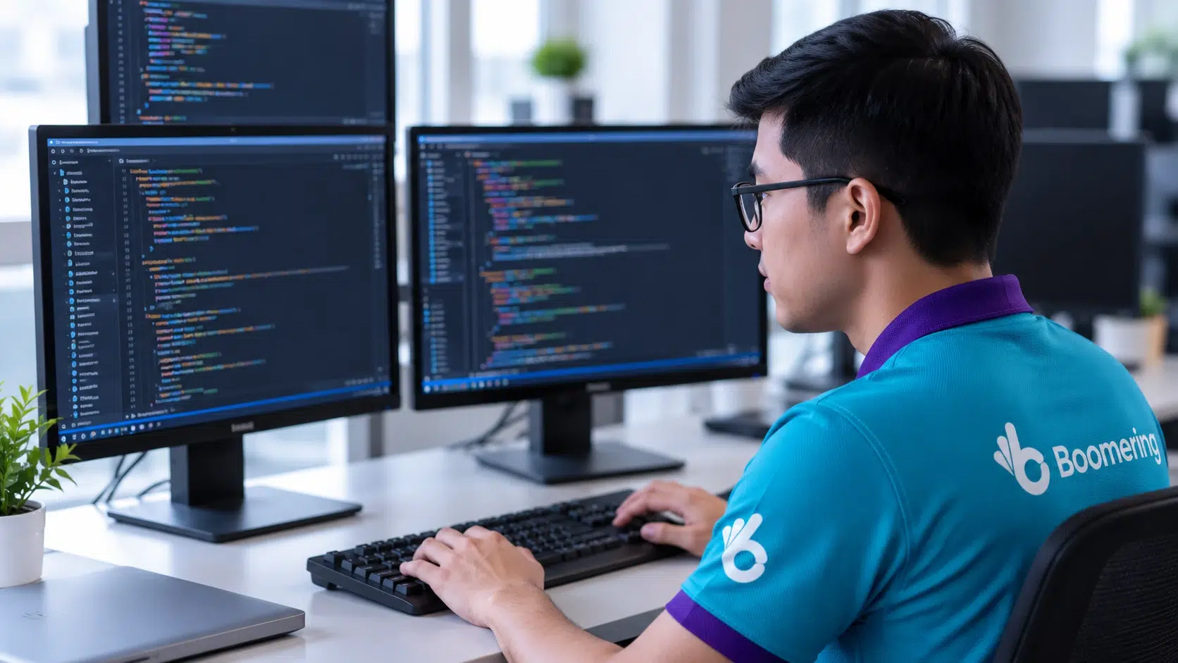 Boomering information technology professionals working on laptops and coding projects in a modern office