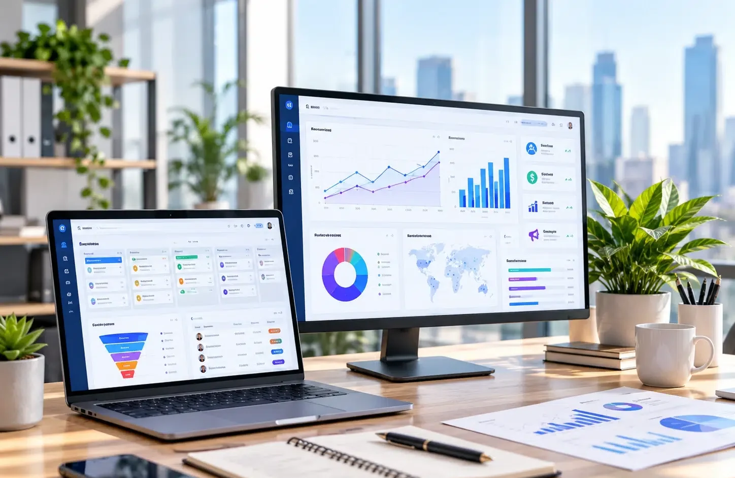 Modern workstation displaying business analytics, reporting dashboards and operational performance data.