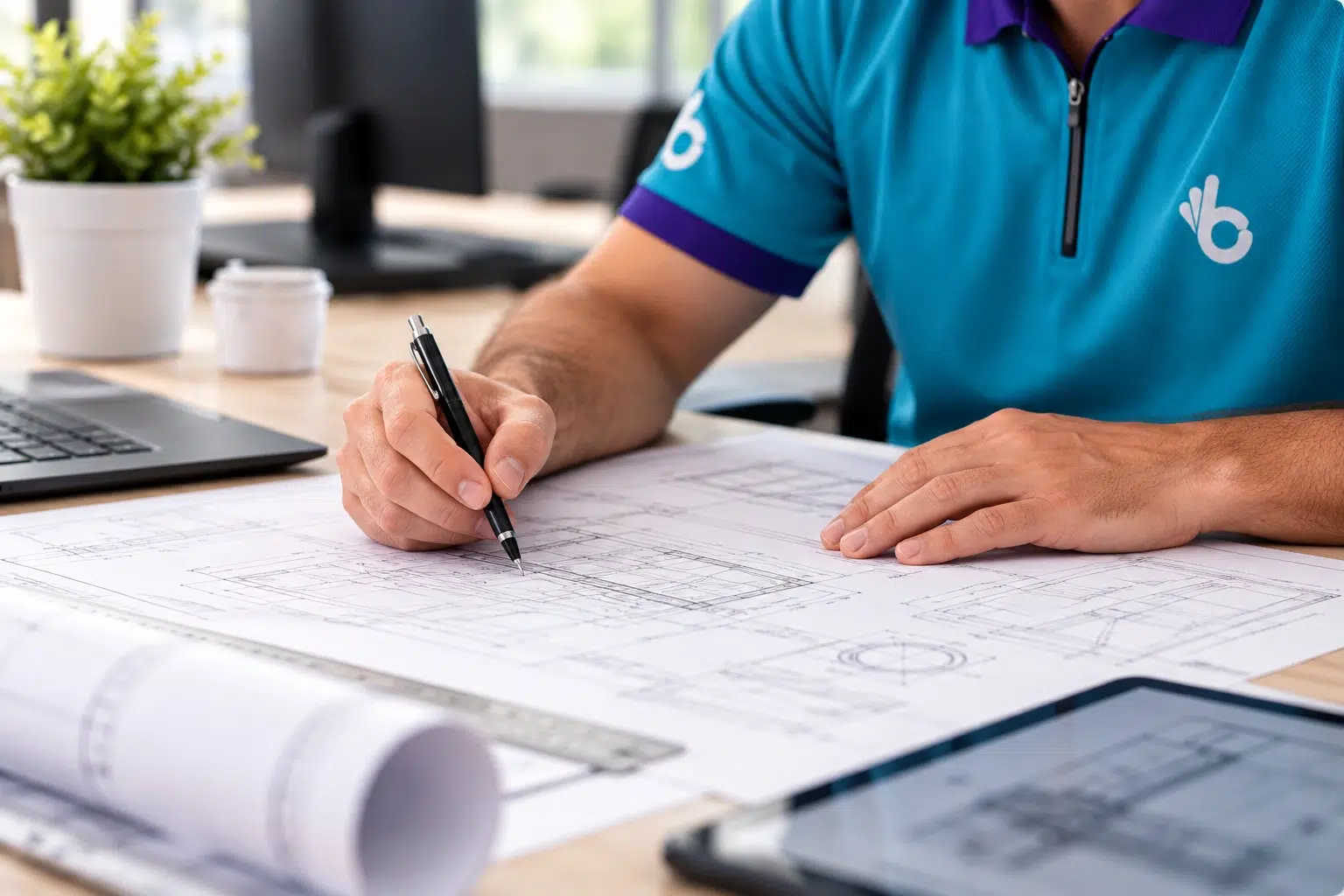 Engineering professional reviewing and marking technical drawings and architectural plans at a desk.