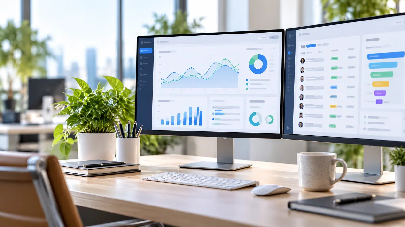 Australia 5 Modern office workstation displaying business analytics, reporting dashboards and workflow management tools.