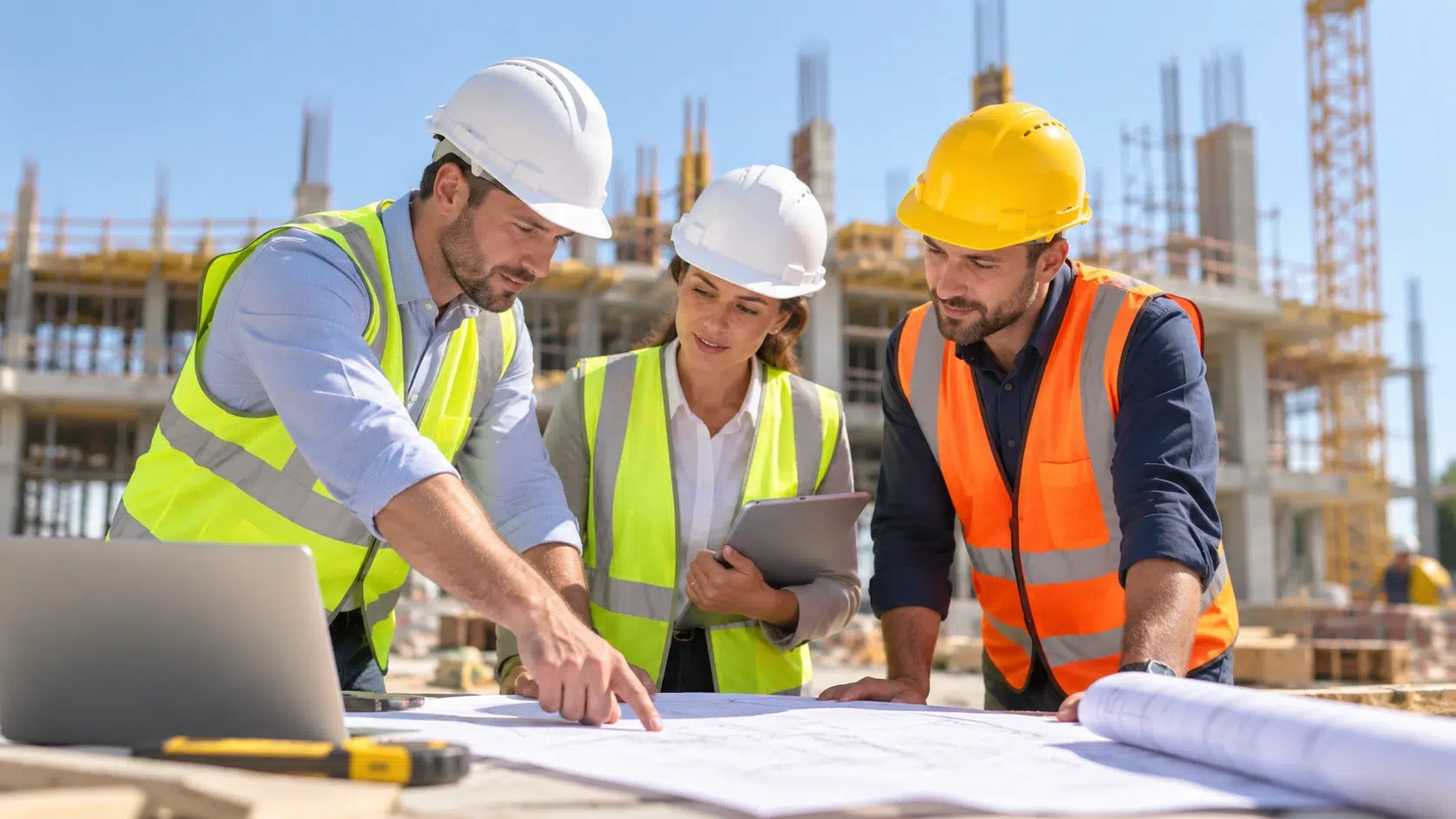 Australia 3 Construction and engineering professionals reviewing project plans together at an active building site.